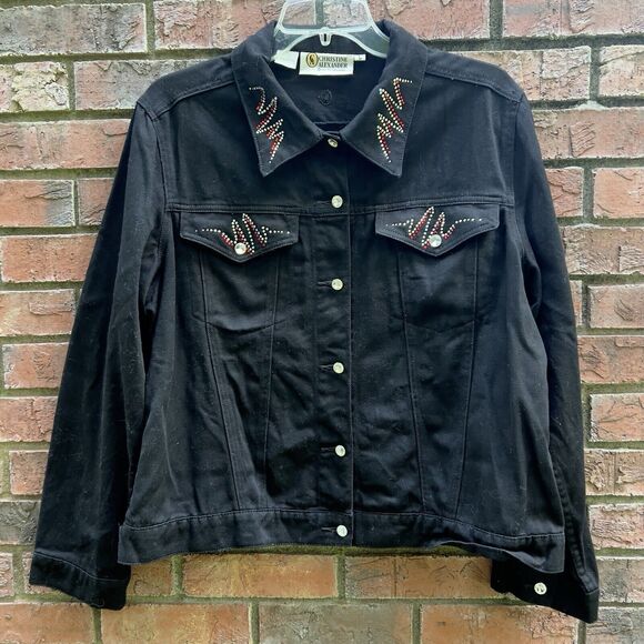 Christine Alexander Black Denim Jacket Sz L Swarovski Crystals Studs Motorcycle - Picture 2 of 10